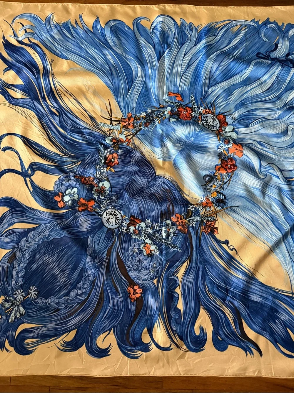 Hermès Eva Blue Floral Goddess Silk Scarf.